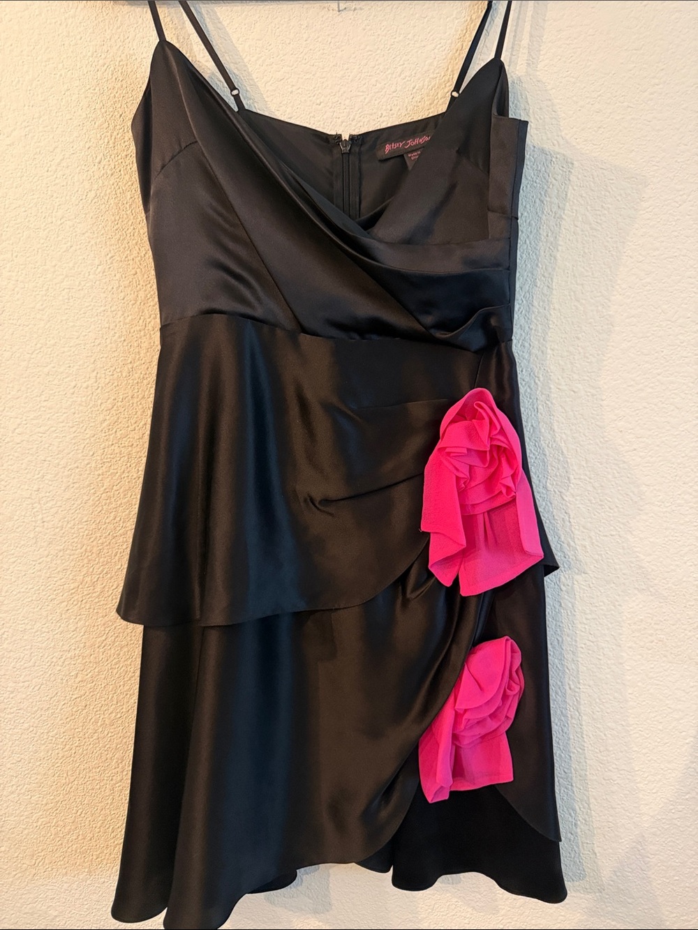 Betsey Johnson Black Satin One-Shoulder Dress with Hot Pink Rosettes